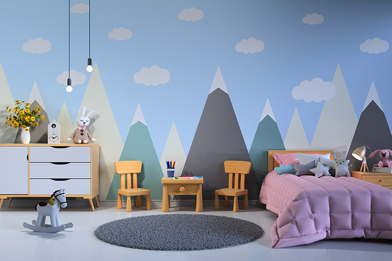 Bedroom wallpaper texture for kids in landscape-themed