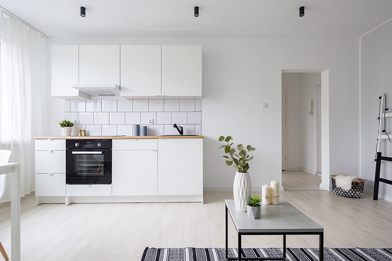 Kitchenette having graceful and tall cabinets