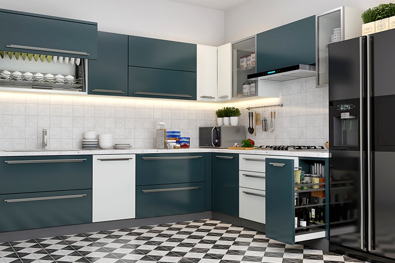 Contemporary l-shaped kitchen cupboard designs with a pull-out two-level drawer to store