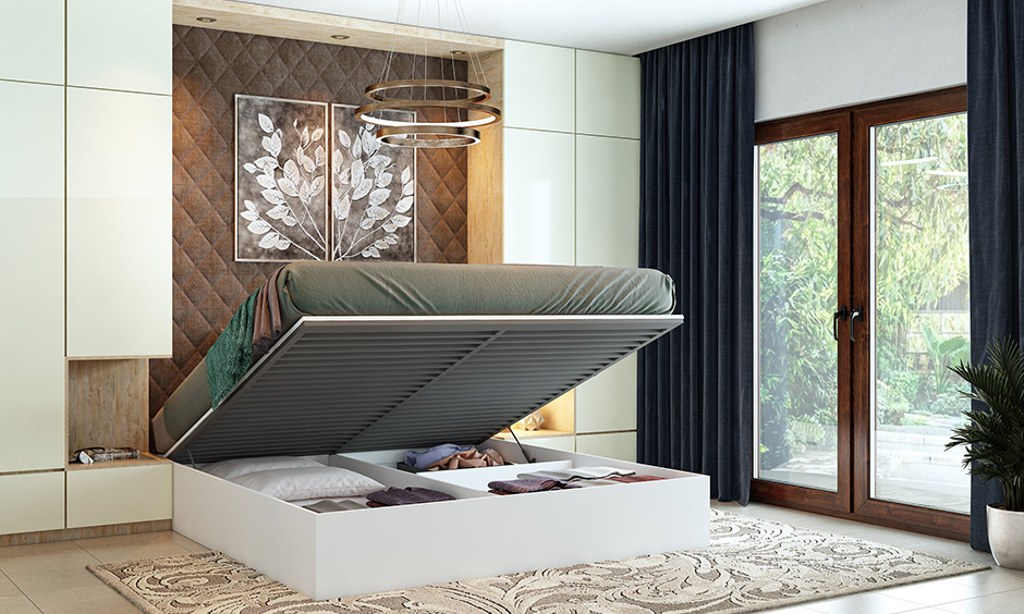 Hydraulic beds have lift-up mechanism and storage beneath for small bedrooms.