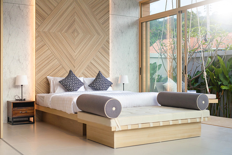 Bedroom decoration with a slick wooden panel with backlights to set up your bed game