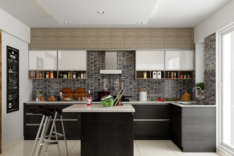 L shaped modular kitchen with an island which gives a space of complete balance for l shaped kitchen designs Indian homes