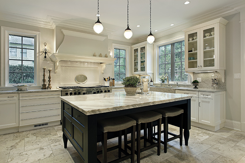 Marble floor design with a beautiful marble stone on the countertop and on the floor