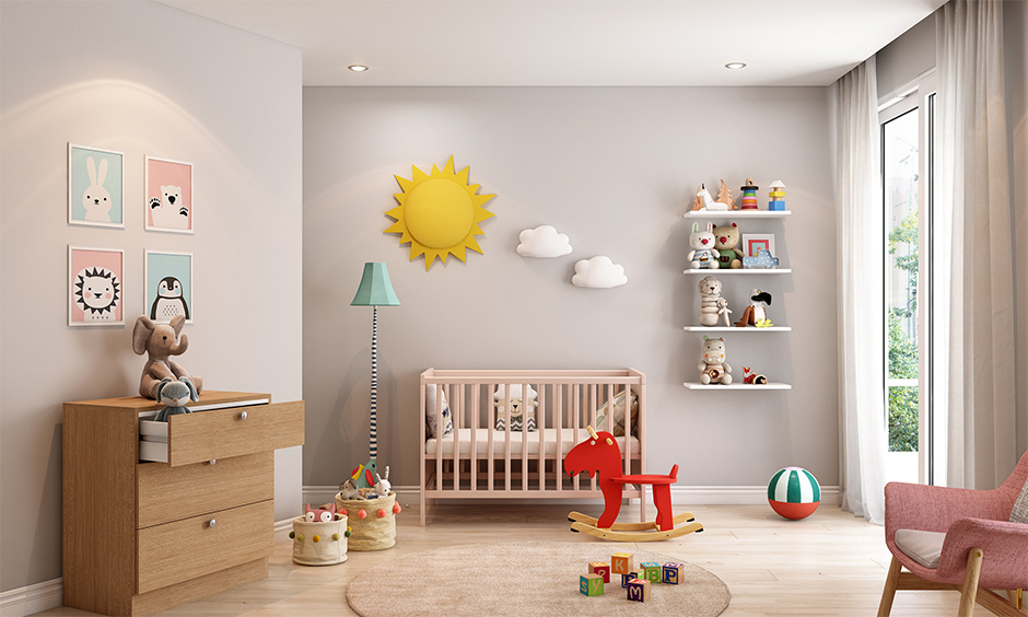 Modern nursery room ideas mix of muted tones and floating shelves make the room visually pleasing