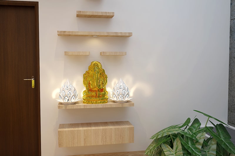 Modern pooja room designs for indian homes with shelves to place idols and other pooja items