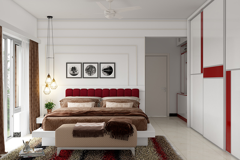 Newlywed home decor with a red colour bed for romance