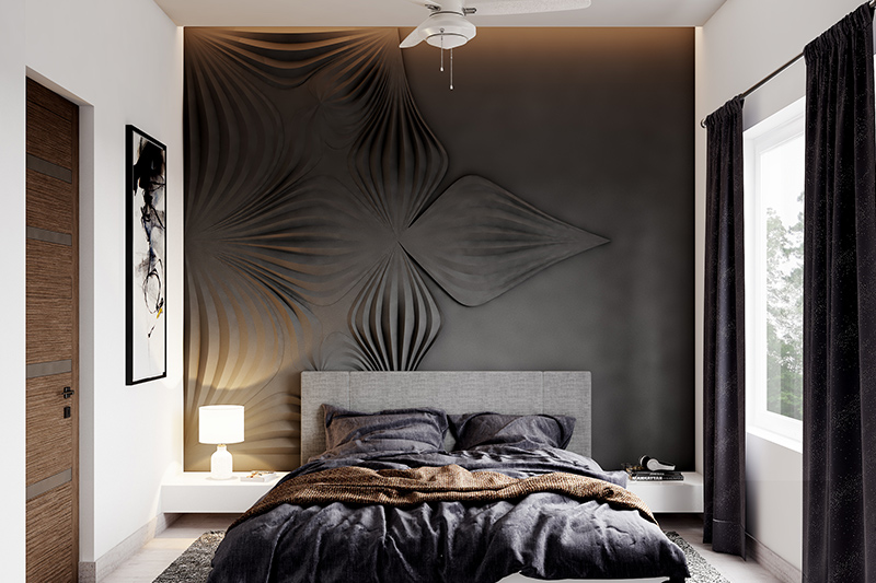 Newlywed bedroom decoration dark colour designed wall 