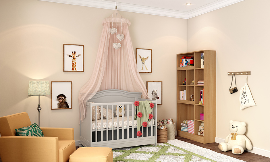 Nursery layout design with open wooden cabinet and 3D animal photo frames