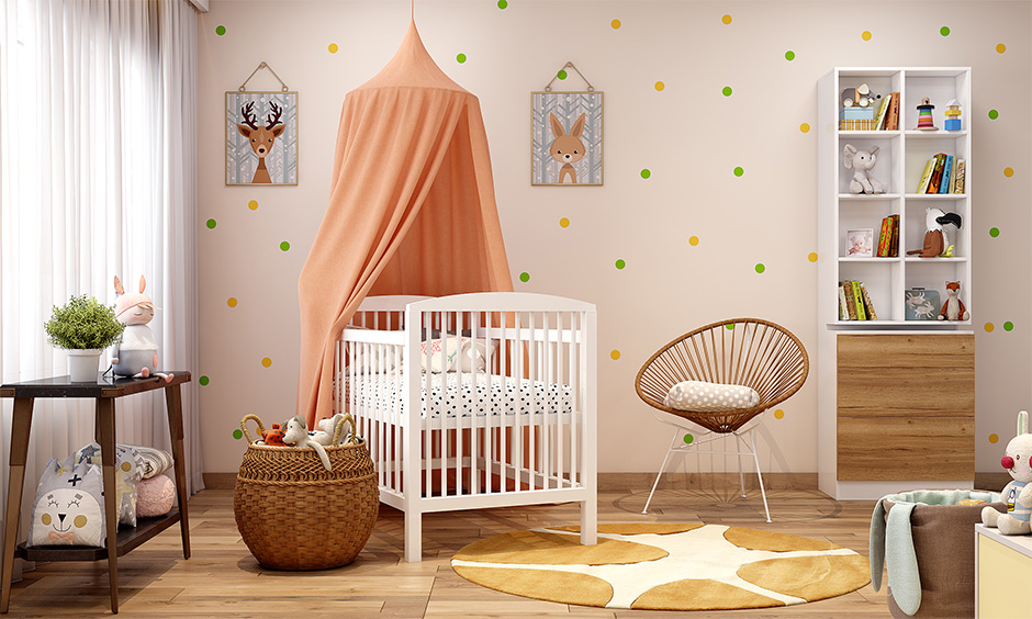 Nursery room ideas with green and yellow polka dot wallpaper bring natural vibes