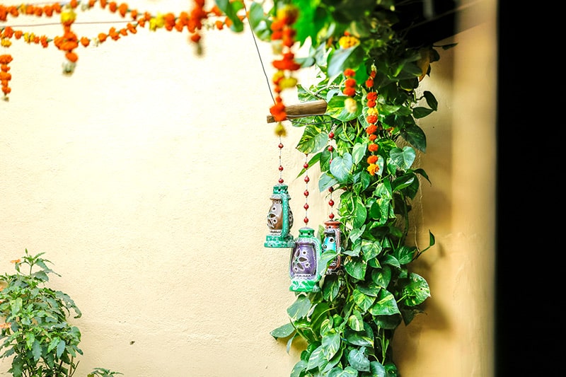 Sankranti decorations at home with a mango leaves and hang them on the entrance of your home