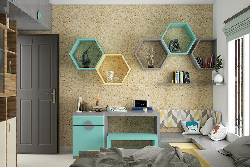 Small Study ideas design with decorative showcase on the wall