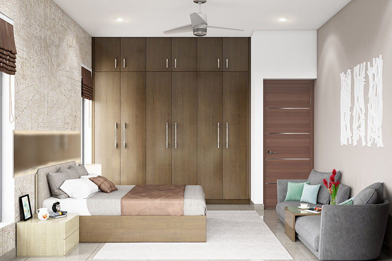 modern bedroom cupboard design where fine finishes and earthy coloured doors go well with the decor for bedroom cupboard design