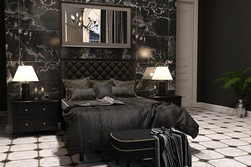 Black bedroom design with mirrors on black walls look uber-sophisticated and chic