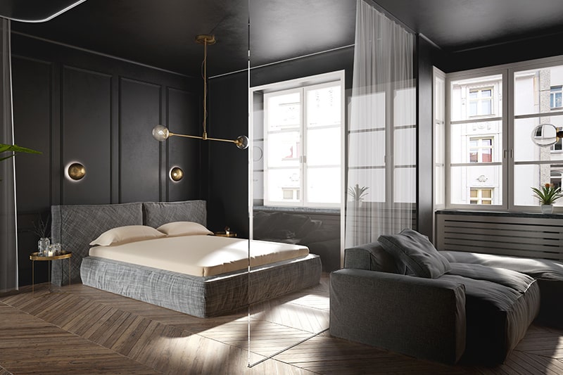 Black bedroom design with glass, wood and fiber panels