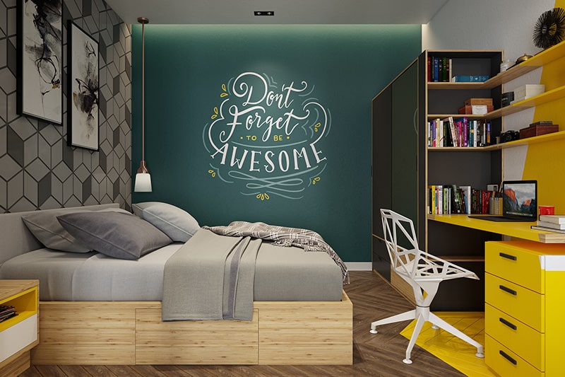 Personalised bedroom with a creative pad, floating shelves and vibrant sideboards