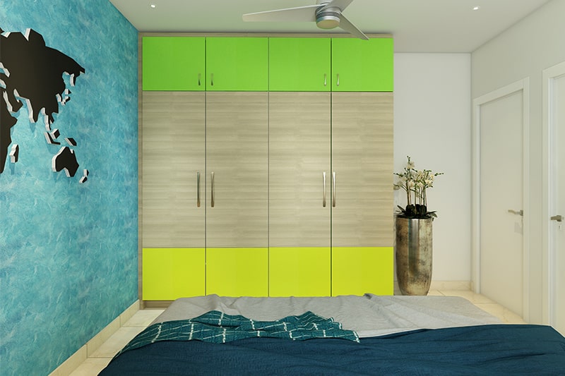 Dual colour kids wardrobe door design with a water-themed accent wall accentuates to your bedroom wardrobe door design