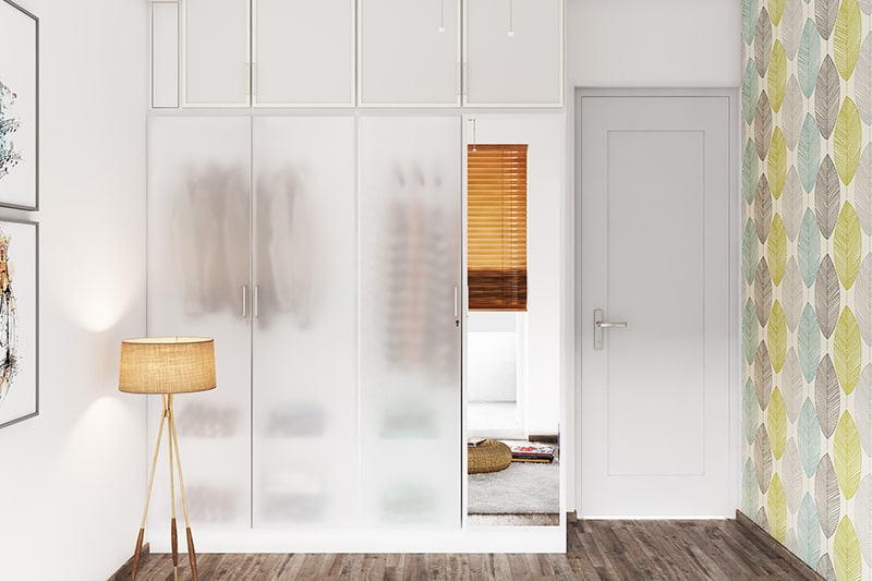 Frosted glass wardrobe door design gives a classic and elegant look to your wardrobe door design