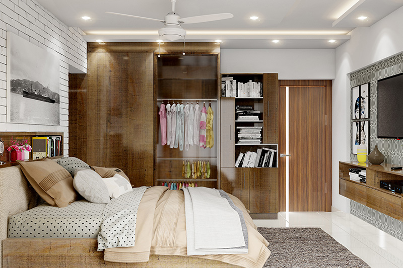 Hardwood wardrobe door design gives storage space for clothes and side-shelves gives personalised mini-library