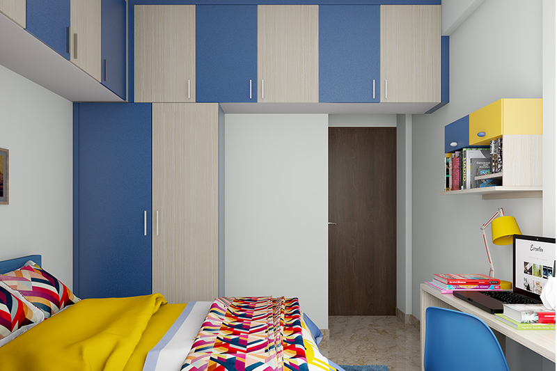 Hinge door wardrobe design with ample loft cabinets to store your seasonal clothes