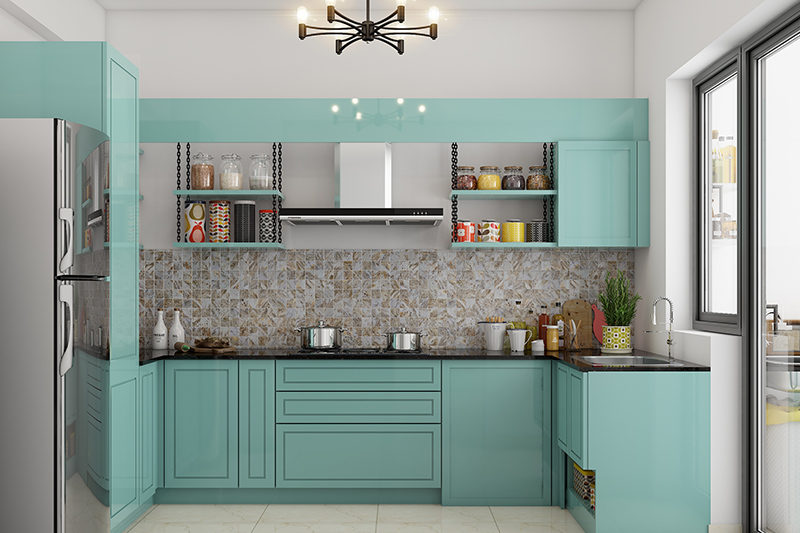 Indian modern kitchen in sky blue with fun hanging shelves 