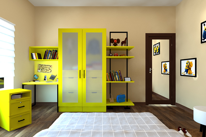 Laminate design for wardrobe in india with semi-transparent fiberglass front doors and attached side shelves