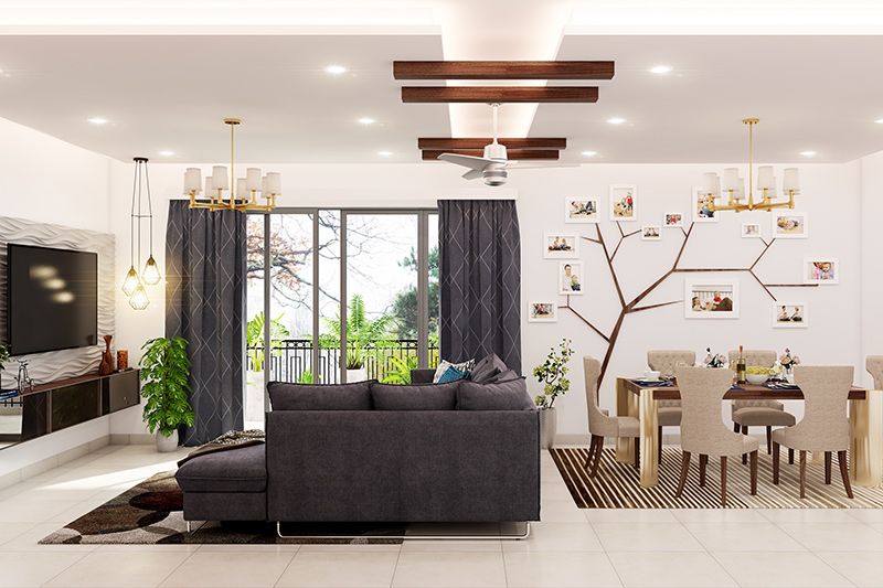 Modern living and dining room in grey and white while the dining area is done up in shades of