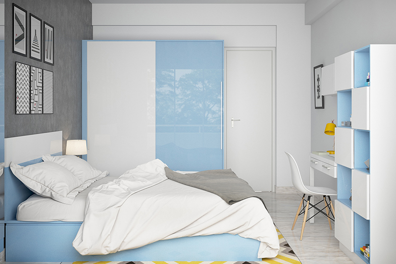 modern bedroom interior where colour blocking with a pastel hue is refreshing for your modern bedroom