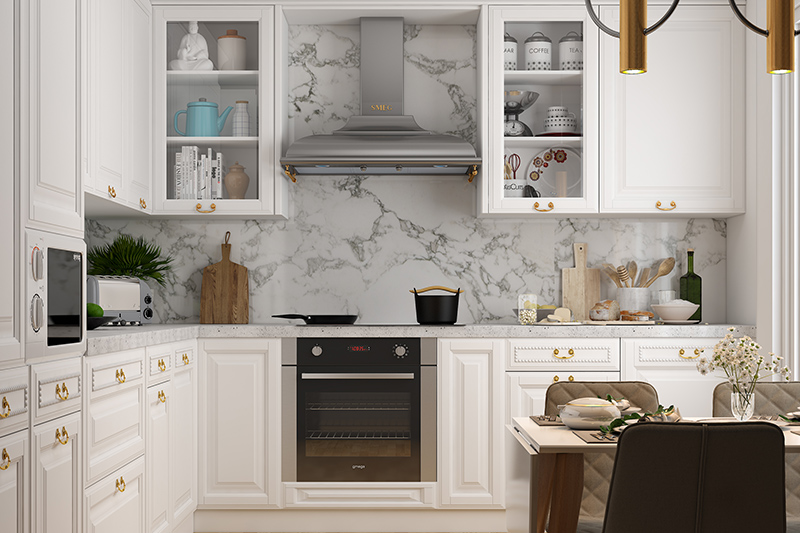 Compact modern kitchen for home where pure white kitchen is with its raised panel cabinet doors