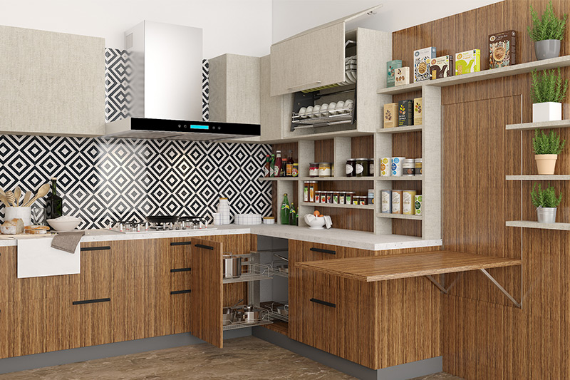 Modern kitchen ideas with bold backsplash, grainy wood-look laminate cabinets for new modern kitchen