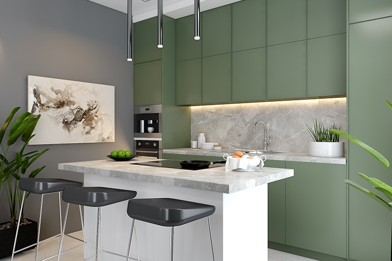 Modern kitchen interior design with sleek lines and ceiling high storage for this modern island kitchen