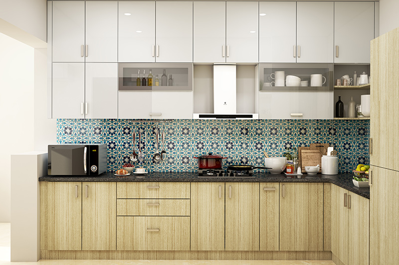 Modern kitchen interior with storage space from ceiling to floor