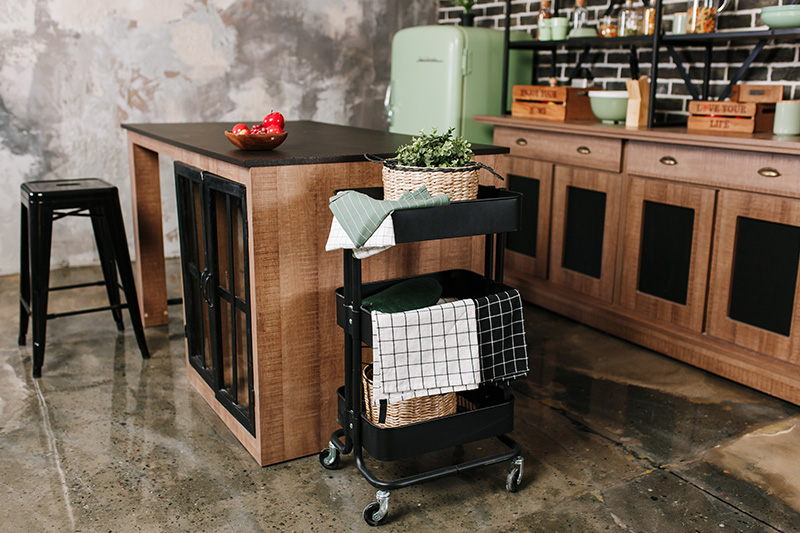 Modular kitchen trolley in black-tone finishes with three baskets and looks typical farmhouse