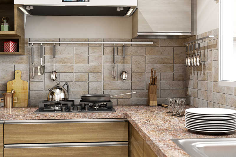 Quartz countertops that look like marble with artistically textured backsplash tiles