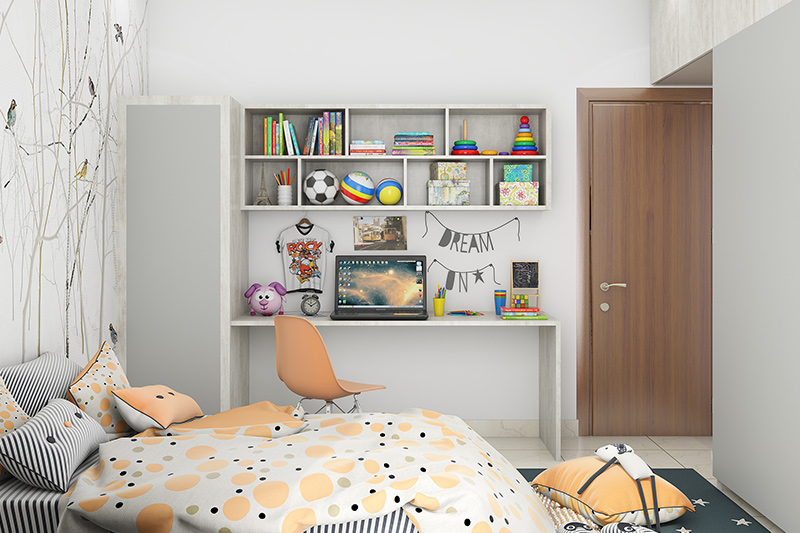 Single door wardrobe design with multiple shelves gives you enough storage for your kid’s clothes, shoes and other items