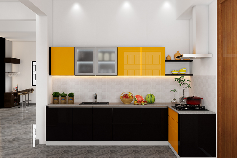 Small kitchen pictures design where  black and yellow kitchen is bold and striking for modern kitchen decor