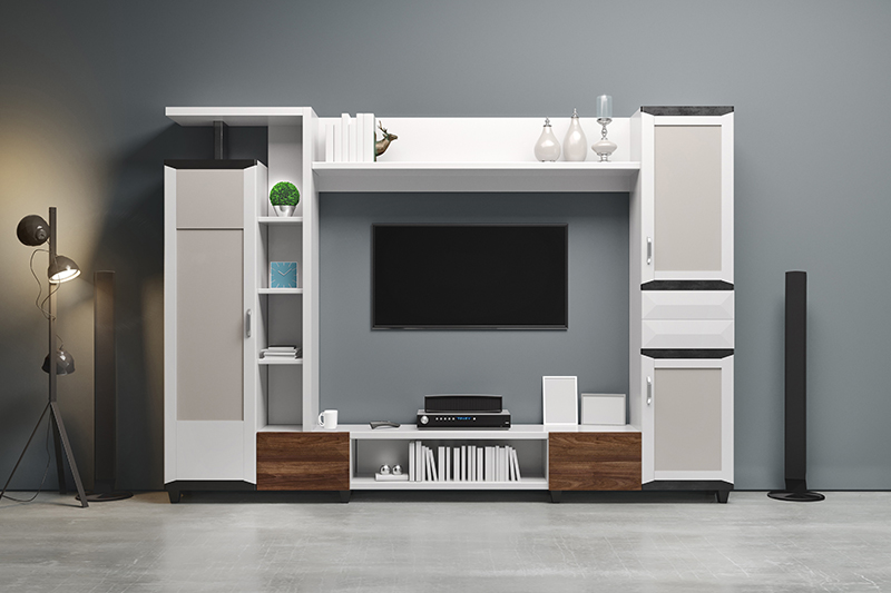 White wardrobe design with a tv cabinet is perfect for modern homeowners