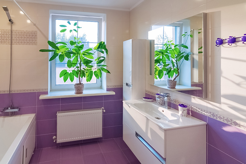 A bathroom with the room colour purple this tiled bathroom design works in all the right ways for you