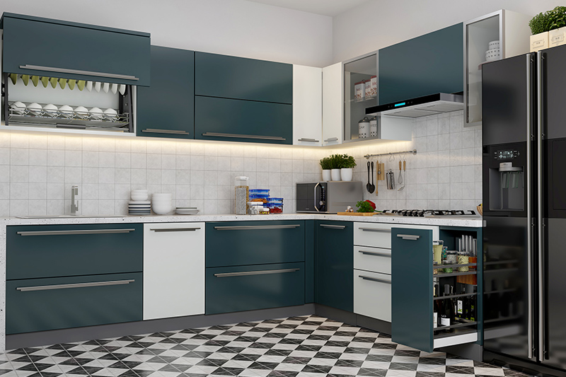 Acrylic modular kitchen which is an affordable alternative in kitchens with high gloss look and also durable