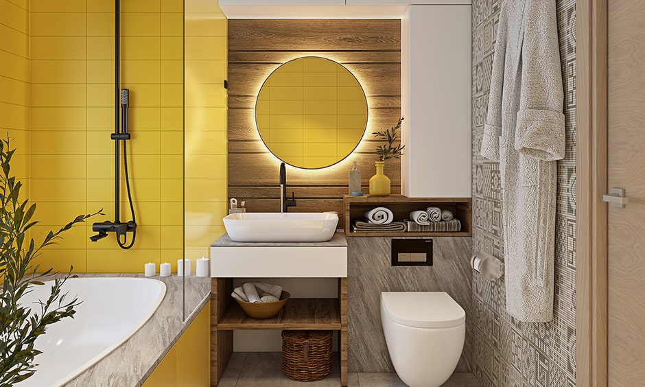 Bathroom mirror back lights with a wooden panel and a circular mirror