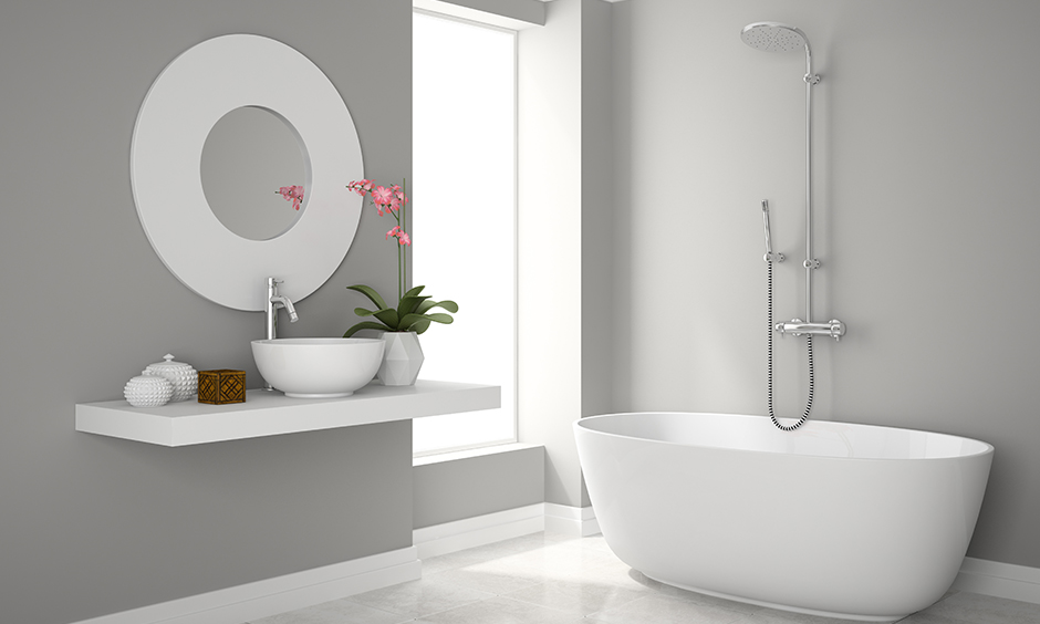 A modern bathroom sink design with white ceramic sink in the shape of a bowl