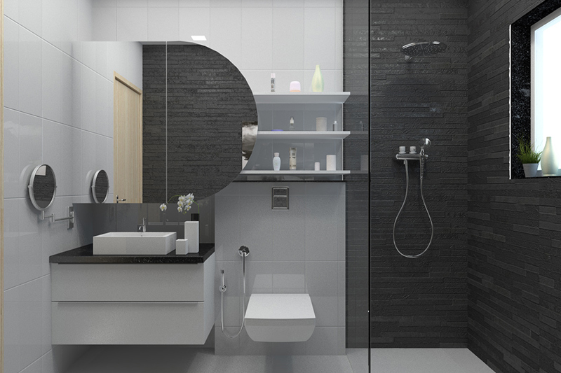 Grey and white bathroom tiles - a mix of grey textured tiles and white ceramic tiles