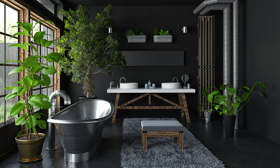 Black floor tiles which is bold and black in colour with walls painted in metallic black flooring