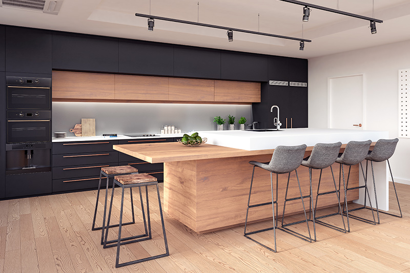 Beautiful island black and wood kitchen cabinets you may love the touch and feel of it.