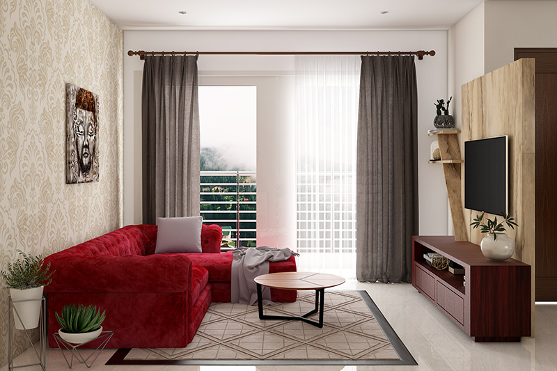 Curtains for small living room add bold grey-coloured drapes which gives a more refined look.