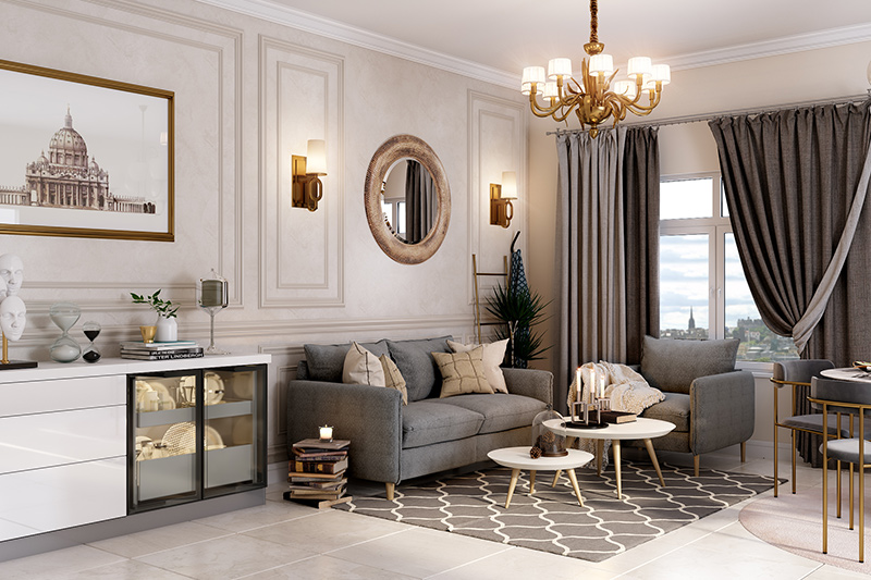 Luxury living room design where a chandelier is an embodiment of luxury.