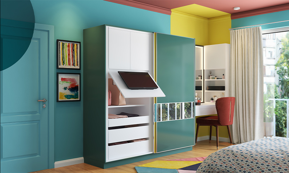 Cupboard idea for small bedroom with built-in tv unit and hidden storage