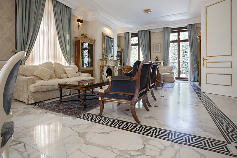 Diamond motifs simply lift the floor tile game in this living room is the best marble floor living room ideas