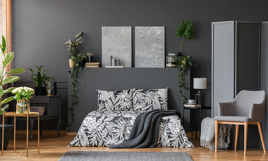 Bedroom wall colors with grey furniture and adding green indoor plants feels forest look.