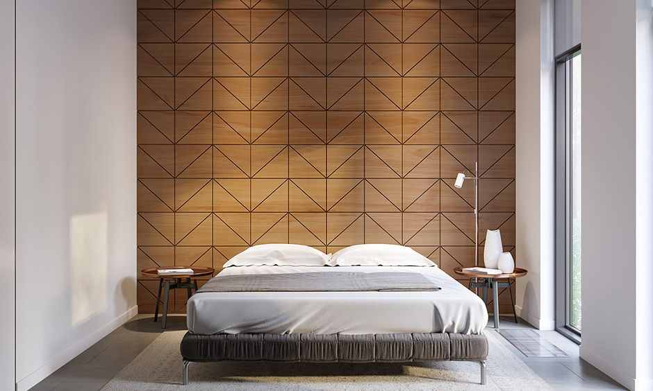 Bedroom wall wooden design in geometric patterns is another smart way to modernise your bedroom space.