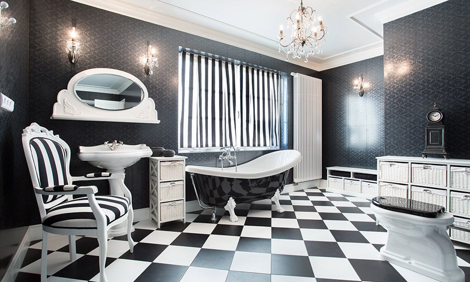 Gold chandelier bathroom lights with the white and black colour scheme